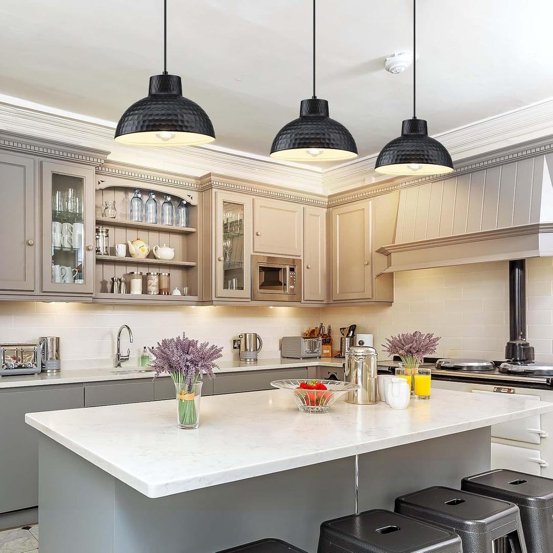 10" Farmhouse Black Kitchen Pendant Light Fixture, Medium Honeycomb Texture Kitchen Island Lighting Fixture Hanging for Dining Room Hallway Entryway Bedroom Commercial, Bulb Included, 3 Pack