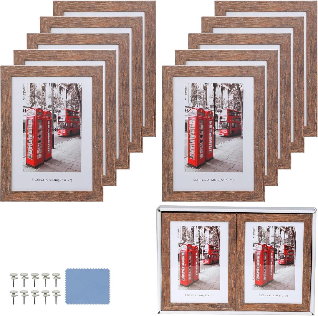 5x7 Picture Frames Set of 10, Wooden Picture Frame Set with Display Box, Rustic Style Antique Brown Wood Grain Photo Frame Suitable For Desktop Display and Wall Decoration.