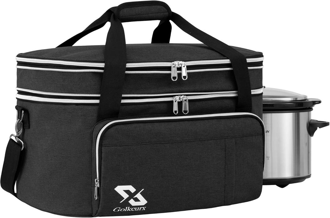 Golkcurx Double Layer Slow Cooker Bag for 6-8 Quart Oval CrockPot and Hamilton Beach Models, with Padded Adjustable Strap, Top Zip Compartment, and Front Pocket for Utensils(Bag Only) (Black)