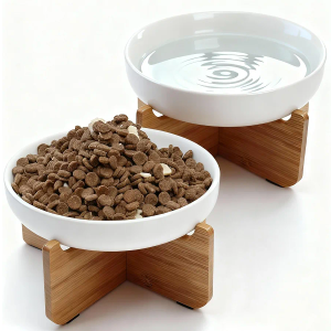 Shallow Elevated Cat Bowls with Bamboo Stand, 6.1 Inch Wide Ceramic Cat Dish Whisker Friendly, 2 Pack Pet Food and Water Plates
