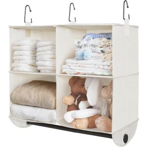 StorageWorks Hanging Closet Organizer with Metal Rod, 4-Section Closet Organizers and Storage, Collapsible Hanging Shelves for Baby Clothes, Shoes, Sweater Storage, Ivory and White