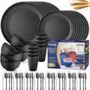 Wheat Straw Dinnerware Sets, 64-Piece Black Plates and Bowls Sets for 8-Unbreakable, Reusable Plastic Dish Set-Dinner Plate/Dessert Plate/Cereal Bowl/Cup/Utensils-Microwavable Dishwasher Safe 64P-BLACK
