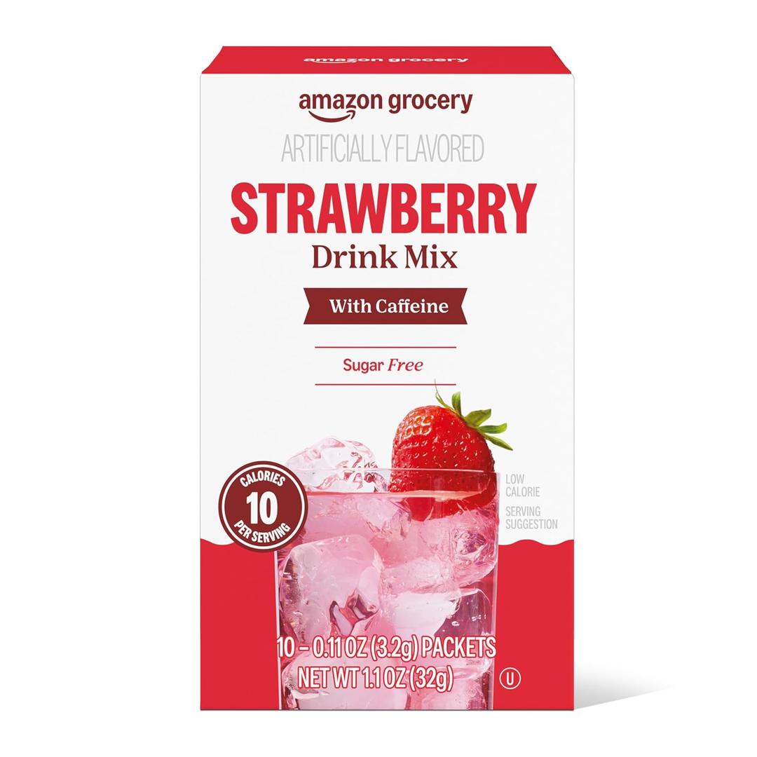10 x Amazon Grocery, Strawberry Drink Mix with Caffeine, 10 packets, 1.1 Oz (Previously Happy Belly, Packaging May Vary)