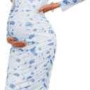 CYCLAMEN 2024 Maternity Mesh Dress Ruched Side Round Neck Pregnancy Dresses Baby Shower Wedding Guest Cocktail Party, Floral Light Blue, M