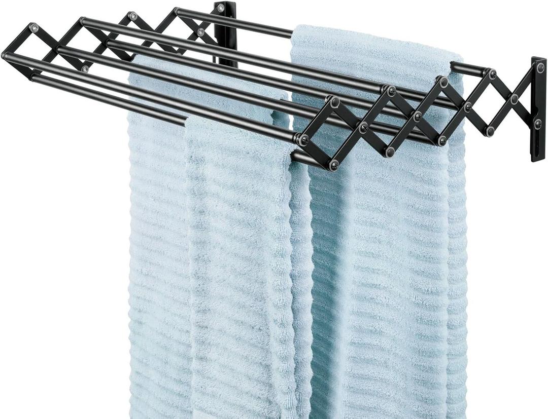 mDesign Steel Wall Mount Accordion Expandable Retractable Clothes Air Drying Rack - 8 Bars for Hanging Garments - Mounted Organizer for Laundry/Utility Room, Bathroom, Garage, Bardo Collection, Black