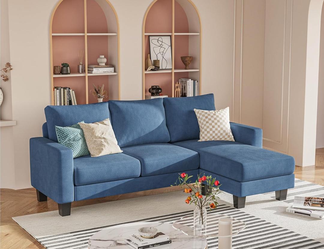 Homall Sofa for Living Room, Couch with Convertible Chaise, 3 Seat L-Shaped Sofas, Comfy Fabric Couches for Apartment, Small Space, Blue