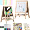 Tabletop Wooden Art Painting Easel for Kids 2-4, Chalkboard & Double-Sided Drawing Whiteboard for Toddlers, 4-in-1 Desk Easel with Magnetic Letters/Numbers & Flashcards Markers, Eraser