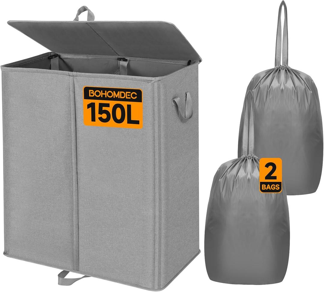 150L Double Laundry Hamper with Lid and Removable Bags,28in Tall Laundry Basket 2 Section,Large Dirty Clothes Hamper 2 Dividers for Bedroom,Laundry Room,Bathroom,Dorm Grey