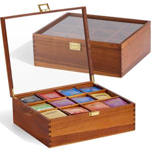 HouseJoy Tea Bag Organizer, Acacia Wood Tea Storage Box, 12 Compartments Tea Bags Storage Drawer with Clear Glass Window, Tea Bag Holder for Countertop Kitchen Cabinet Pantry - Keeps Tea Bags Fresh