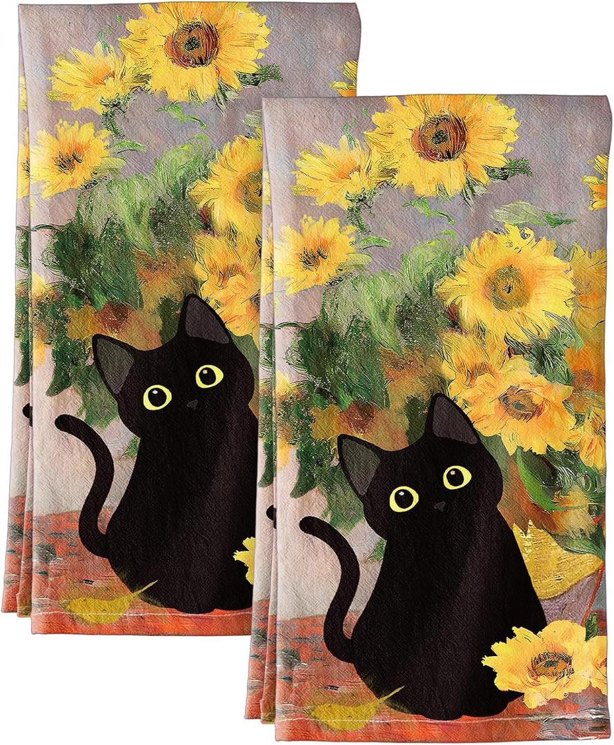 Flour Sack Kitchen Towels - Set of 2 Cotton Dish Towels with Hanging Loop Decorative 16x26 Inch Absorbent Cute Design for Housewarming Gifts, Cat Blossom