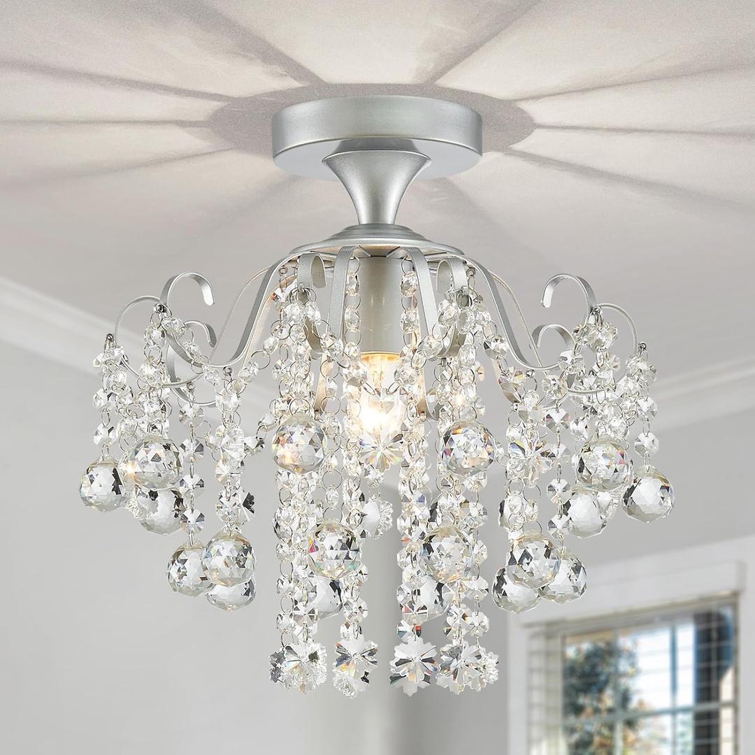 WUZUPS Crystal Chandelier Flushmount Ceiling Light Modern Lighting Fixture for Bedroom Hallway Bar Kitchen Bathroom, H 13.4" x W 12.6", E26 Base, Silver