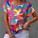 Women's Graphic Blouse Short Sleeve Crew Neck Dressy Shirt Tops (L)