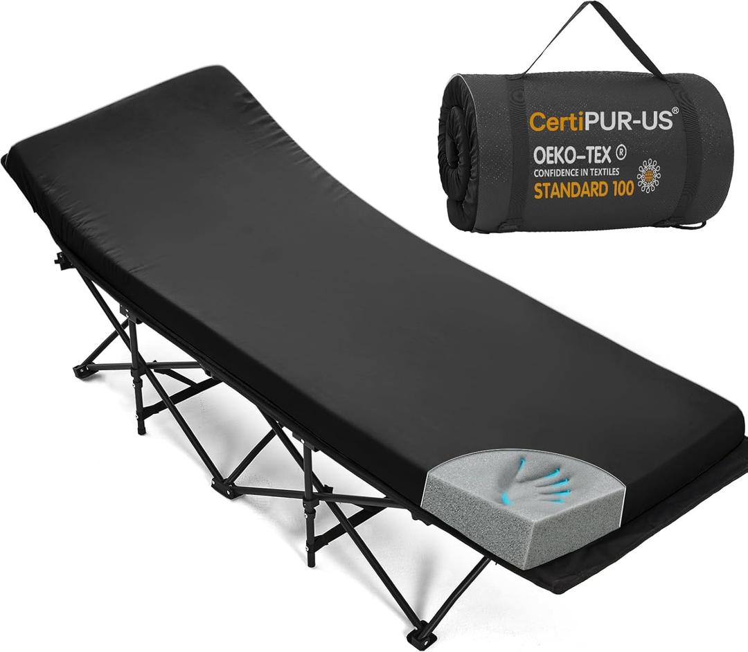 CYMULA Camping Cot Pad 2 Inch Memory Foam, Camping Pad for Folding Cot and Foldable Cot, Portable Roll Up Camp Gear for Car Camping Travel Tent, Non-Slip Waterproof Bottom, Removable Cover, Pad Only Small Cot Black