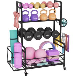 Dumbbell Rack, Adjustable Weight Rack for Home Gym Storage with 4 Wheels, Side Basket, Hooks, Multipurpose Metal Dumbbell Stand for Kettlebells, Yoga Gear, Strength Training Equipment, Black