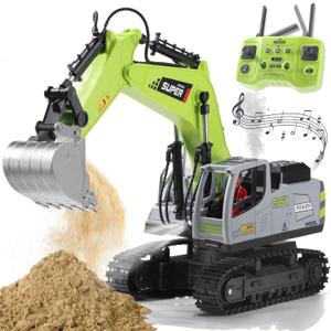 Remote Control Excavator Toys for Boys,16 Channel Dual Speed Control RC Excavator Construction Toys with Metal Shovel & Light,Simulated Smoke,Christmas Birthday Gift Toy for Boys Kids (Green)