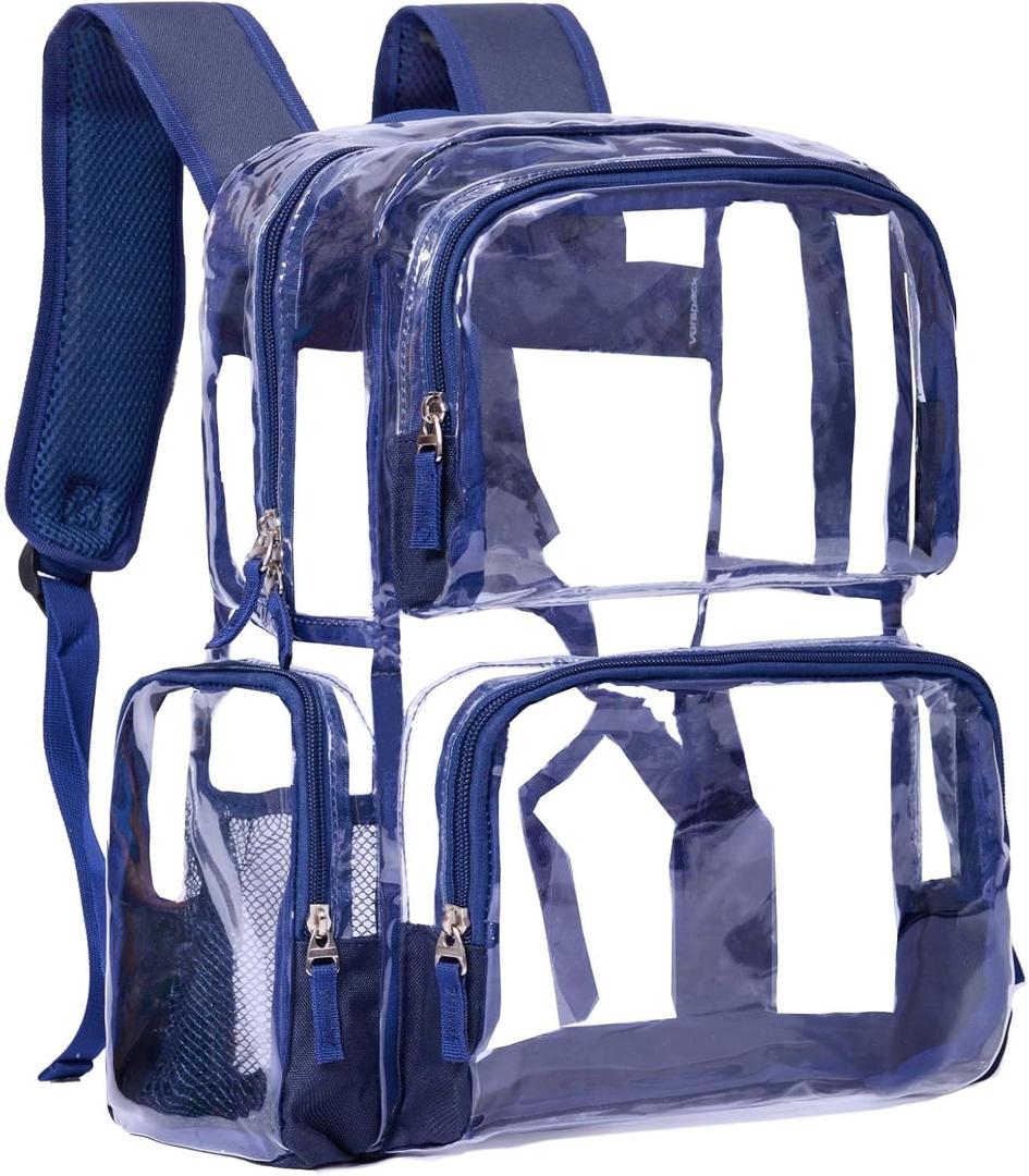 Vorspack Clear Backpack - Transparent Backpack with Reinforced Bottom & Multi-pockets for College Workplace Security - Navy (Large)