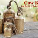 Akatva Large Brass Cow Bells for Rustic Christmas Decor - Set of 5 Vintage Gold Bells on Rope