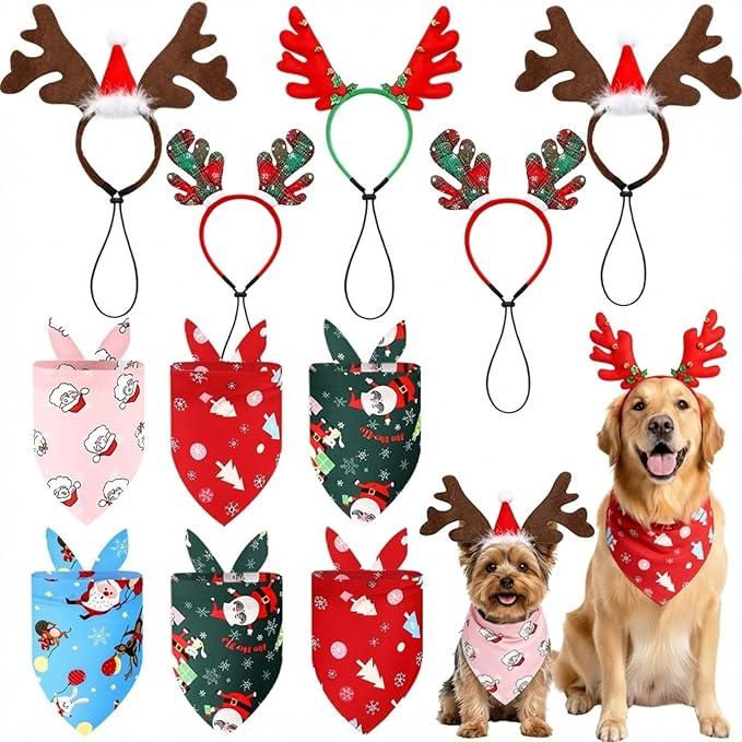 SilTriangle 12 Pcs Dog Christmas Headband Bandana Outfit Sets for Cat Dog Holiday Costume Xmas Reindeer Antlers Headband Pet Christmas Accessories for Kitten Puppy Holiday Party Costume Supplies