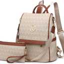 MKP Women Fashion Backpack Purse Multi Pockets Signature Anti-Theft Rucksack Travel Ladies Shoulder Bag Handbag 2Pcs (Beige)