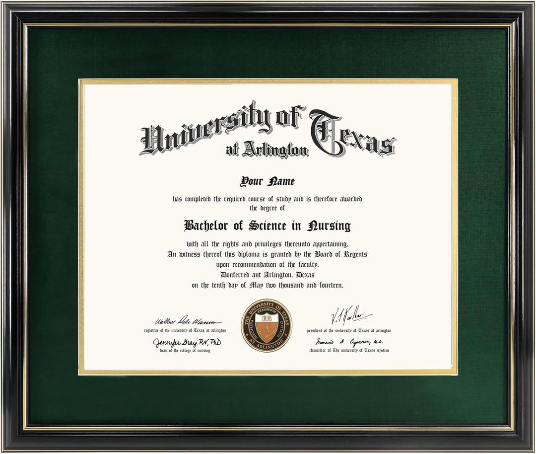 GraduationMall 11x14 Diploma Frame with Green over Gold Mat or Display 15x18 Certificate without Mat,Solid Wood & UV Protection Acrylic,Glossy Black Finish with Gold Trim