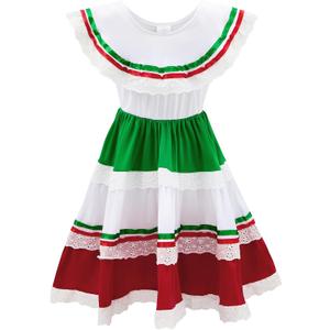 Traditional Mexican Dress for Girls - Cinco de Mayo Outfit, Elasticized Long Dress with Lace Design (3-4T, Red Green)