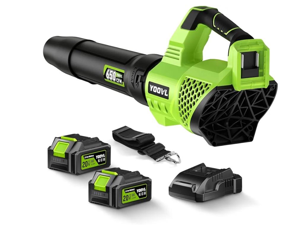 Leaf Blower Cordless, 650CFM Electric Leaf Blowers with 2 x 5.2Ah Batteries and Charger, 3 Speed Modes, 1 x Adjustable Shoulder Strap, Powerful Blowers for Lawn Care, Patio, Dust, Blowing Leaves