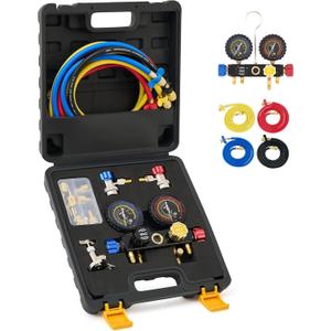 Orion Motor Tech 4 Way AC Gauge Set for R410a R22 R134a Refrigerant, 4 Valve Automotive AC Manifold with 5ft Hoses, R410a Adapters, Can Tap
