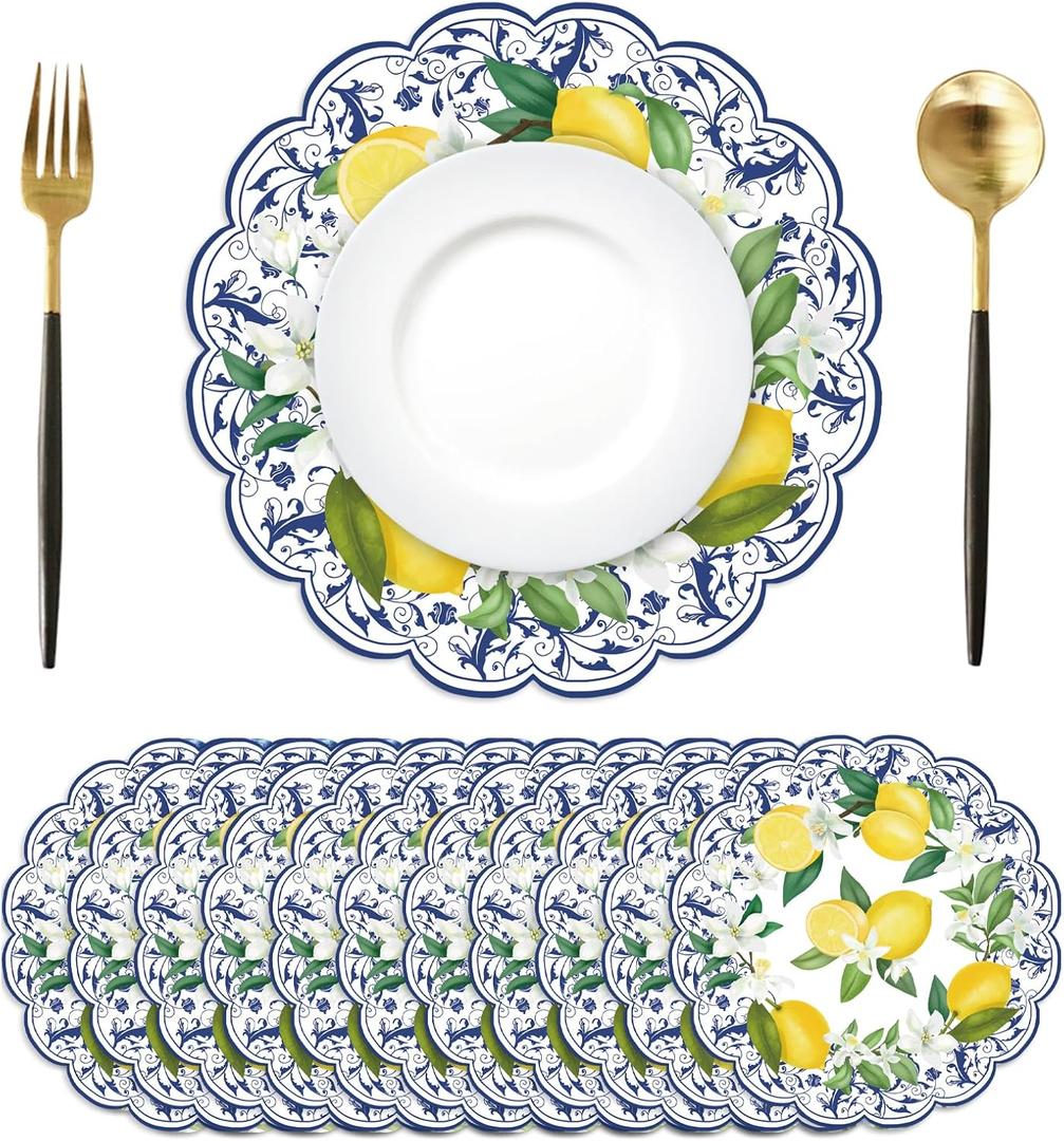 50Pcs Lemon Round Paper Placemats,13.4 Inch Cyan Blue Tiles Lemon Paper Place Mats Summer Fruit Scalloped Disposable Table Mats for Party Kitchen Dining Holiday Birthday Party Supplies