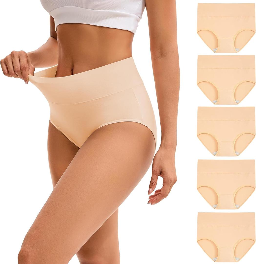 INNERSY Women's High Waisted Underwear Cotton Panties Regular & Plus Size 5-Pack (Medium, Nude)