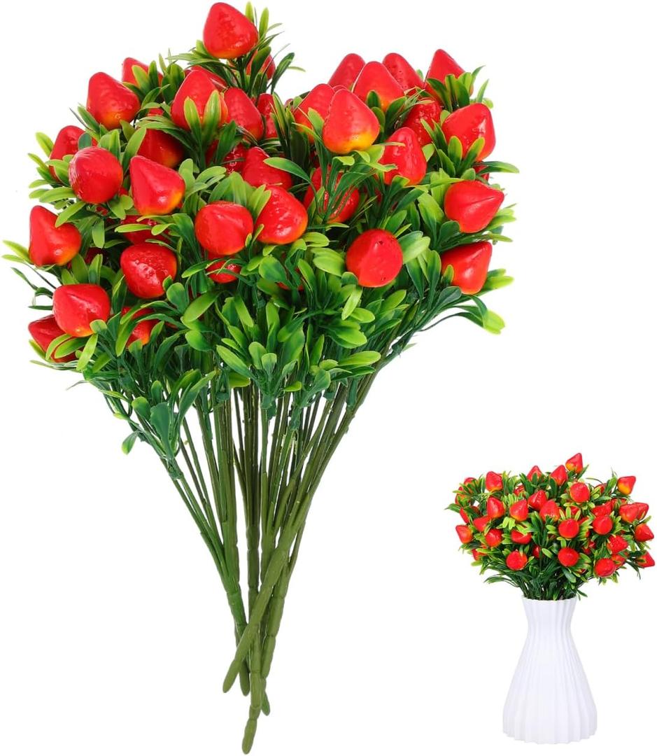 Cabilock 6pcs Fake Strawberry Plant Decor Artificial Strawberry Branch Simulated Fruit Stem Flower Bouquet for Home Wedding Table Decor