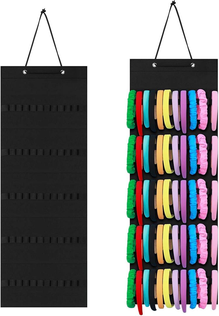Tudomro Hanging Headband Holder for Girls Felt Hair Accessories Organizer with 60 Elastic Bands Bow Hanger for Girls Hair Bows Without Headbands(Black,Plain Style)