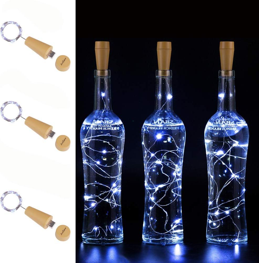 AnSaw USB Powered 20LED Wine Bottle Cork Lights 3 Pack Rechargeable Bottle String Lights Bottle Starry Fairy Home Twinkle Decorative Lights for Party, Christmas, Halloween,Wedding (Cool White)