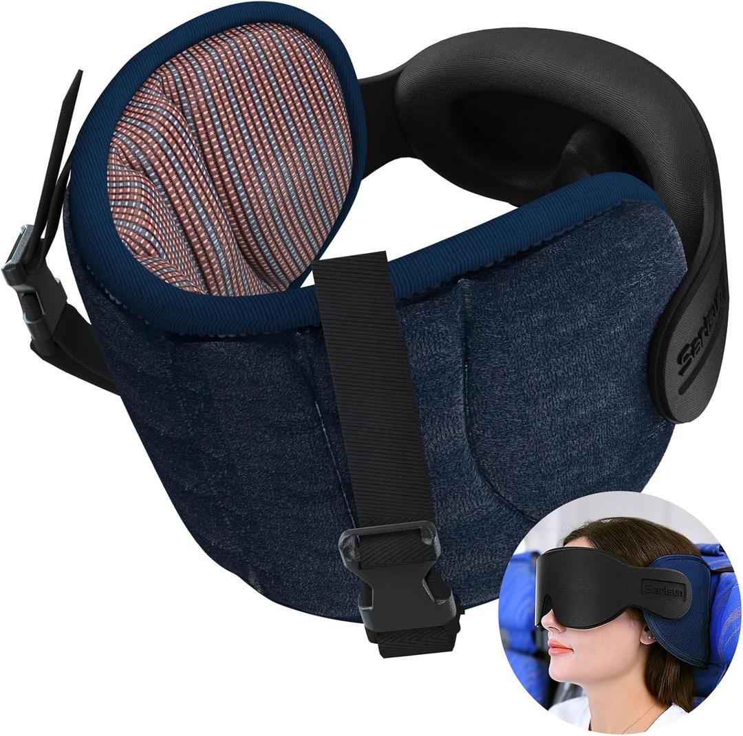 Travel Pillows for Airplanes, Airplane Pillow for Long Flight Car Road Trip, Airplane Head Strap with Sleep Eye Mask, 360 Support Headrest, Stop Bobblehead Travel Neck Pillow, Mottled Red