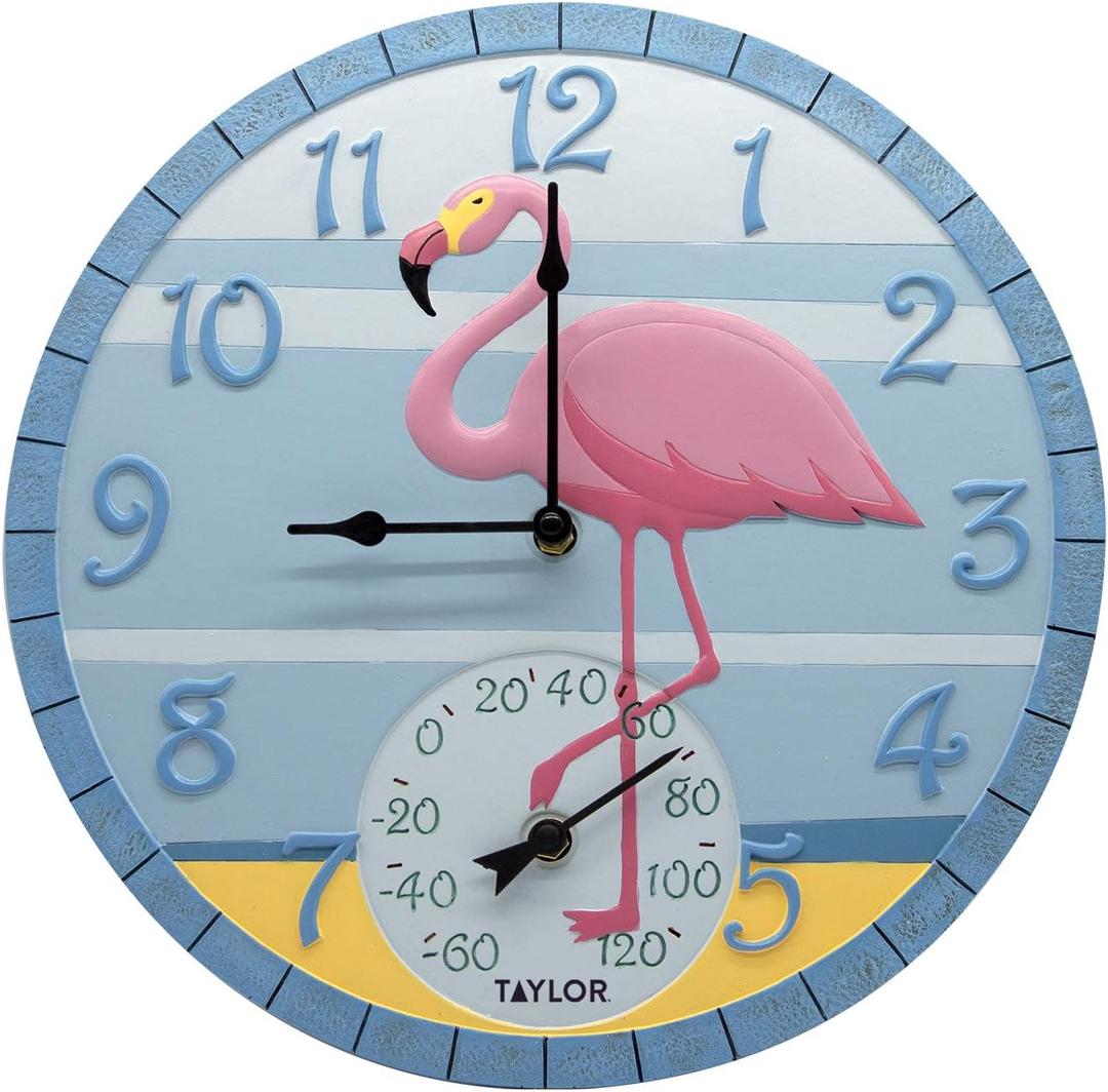 Taylor Flamingo Poly Resin Indoor and Outdoor Clock and Thermometer, Wireless Thermometer with Easy to Read Large Numbers for Patio, Pool, and Indoor Areas, 14-inch, Multi-Color