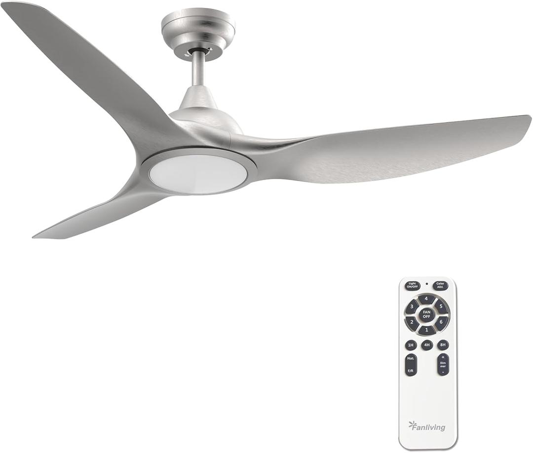 52 Inch Quiet DC Motor Ceiling Fan with Light Remote Control, Indoor 3 Blade Silver Modern Ceiling Fan for Bedroom Living Room Porch