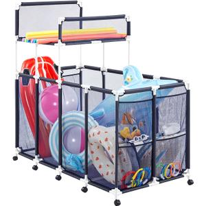 VEVOR Pool Storage Bin, 64.96 x 33.46 x 64.96 in, Rolling Pool Float Storage Organizer with Side Pockets & Noodles Holder Rack, Durable Plastic Frame, Poolside Toys Mesh Basket for Swimming Pools