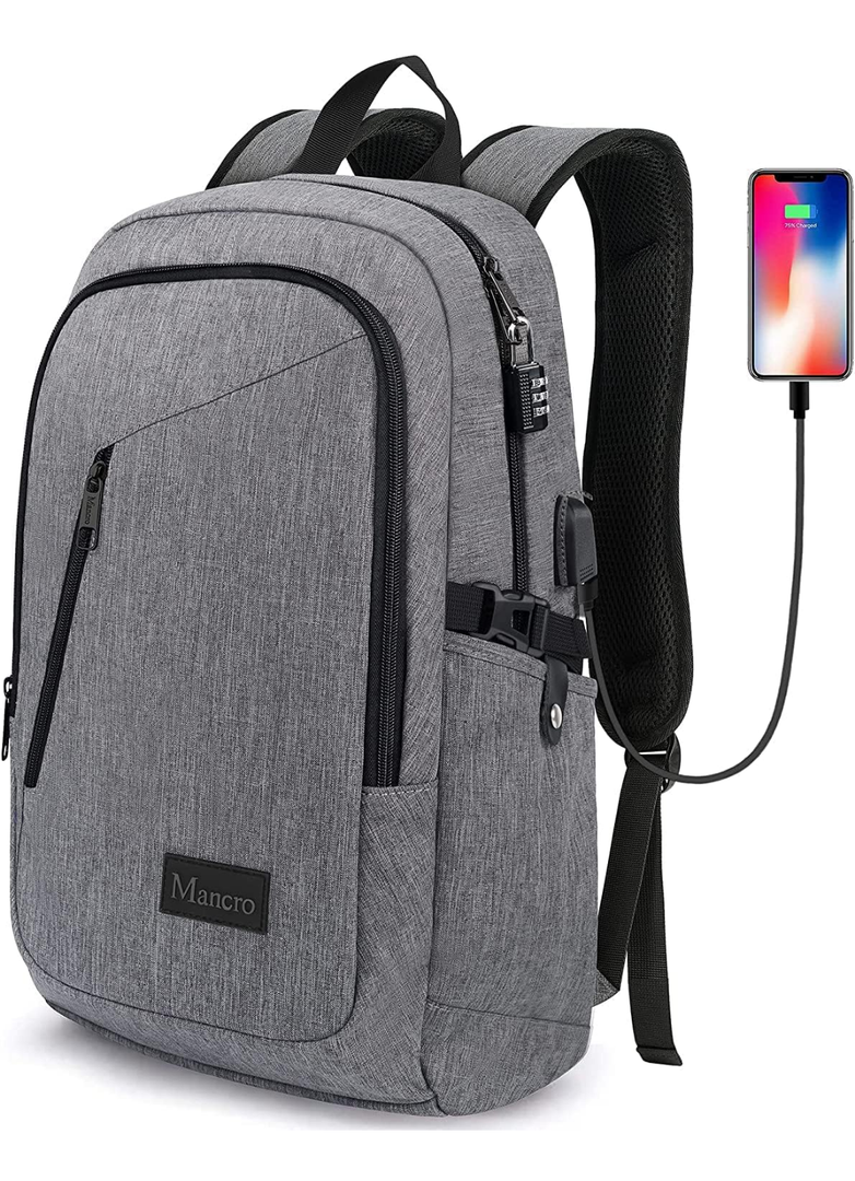 Mancro Laptop Backpack for Travel, Anti-theft Laptop Backpack for Men Business Backpack Work Daypack with USB Charging Port & Lock, Water Resistant Travel Computer Bag Daypack, Grey
