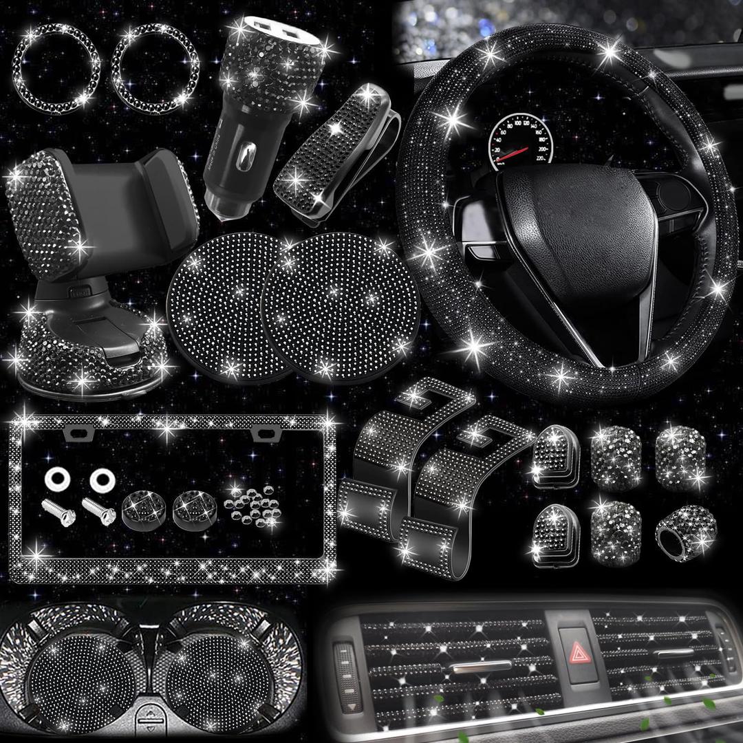 NBTEPEM 27 PCs Black Bling Car Accessories Set for Women, Bling Steering Wheel Covers Universal Fit 15 Inch, Bling License Plate Frame, Bling Phone Holder, Bling Car Coasters (Black Diamond)