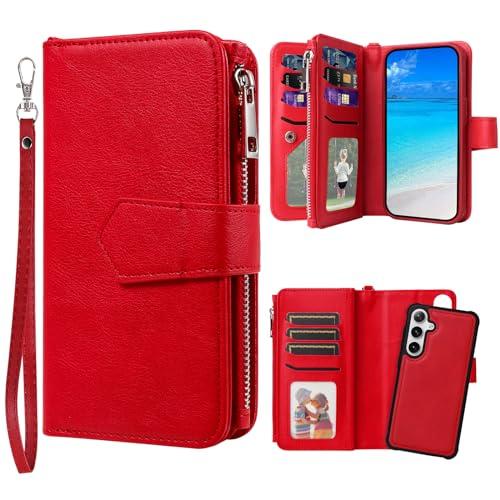 JZASES Case for Samsung S24 Plus, 2 in 1 Magnetic Detachable Shockproof Case, Flip Folio PU Leather Cover with Card Slot for Samsung Galaxy S24 Plus, Red