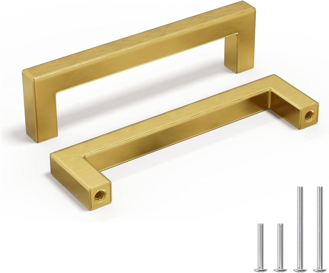Homdiy 6 Pack 4 Inch Gold Handles for Cabinets Kitchen Cabinet Handles Brushed Brass Cabinet Pulls Gold Hardware for Cabinets Stainless Steel Modern Hardware