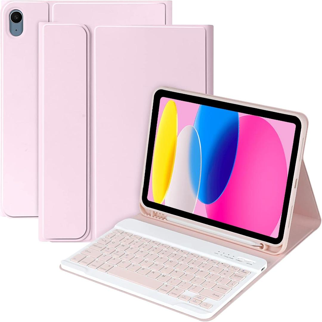 BQSS for iPad 10th Generation Keyboard Case 10.92022, Slim Smart Keyboard Case for iPad 10th Gen 2022,Detachable Wireless Keyboard,Pencil Holder Pink
