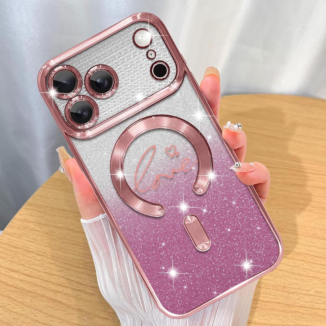 ZIYE Magnetic Case Designed for iPhone 17 Pro Max Glitter Case Luxury Plating Love Heart Compatible with MagSafe Clear Case with Camera Protection Shockproof Cover Made for Women Girls-Pink