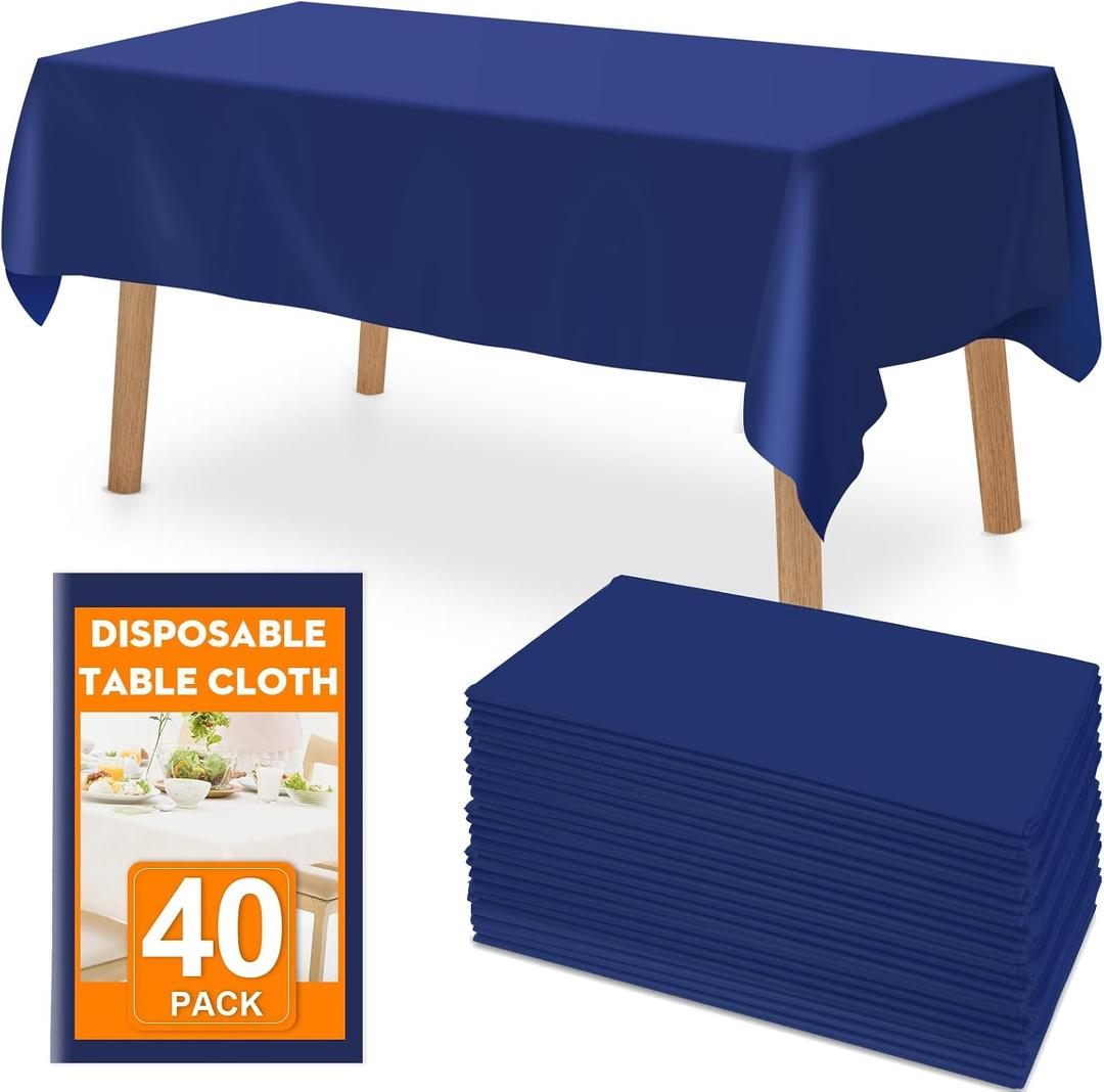 RowinsyDD 40 Pack Blue Plastic Table Cloths Disposable, 54 x 108 Inches Plastic Table Cover for Rectangle Tables, Disposable Tablecloth for Dinning, Parties, BBQ, Wedding, Outdoor