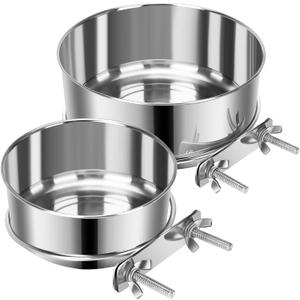 2 Pcs Small Pet Dog Food Water Bowl for Cage Stainless Steel Non-Spill Kennel Hanging Cats Pets Bowls with Clamp Holder Crate Feeder Dish for Small Dogs Pets (4.7x1.9'' & 3.9x1.7'') (Silver)