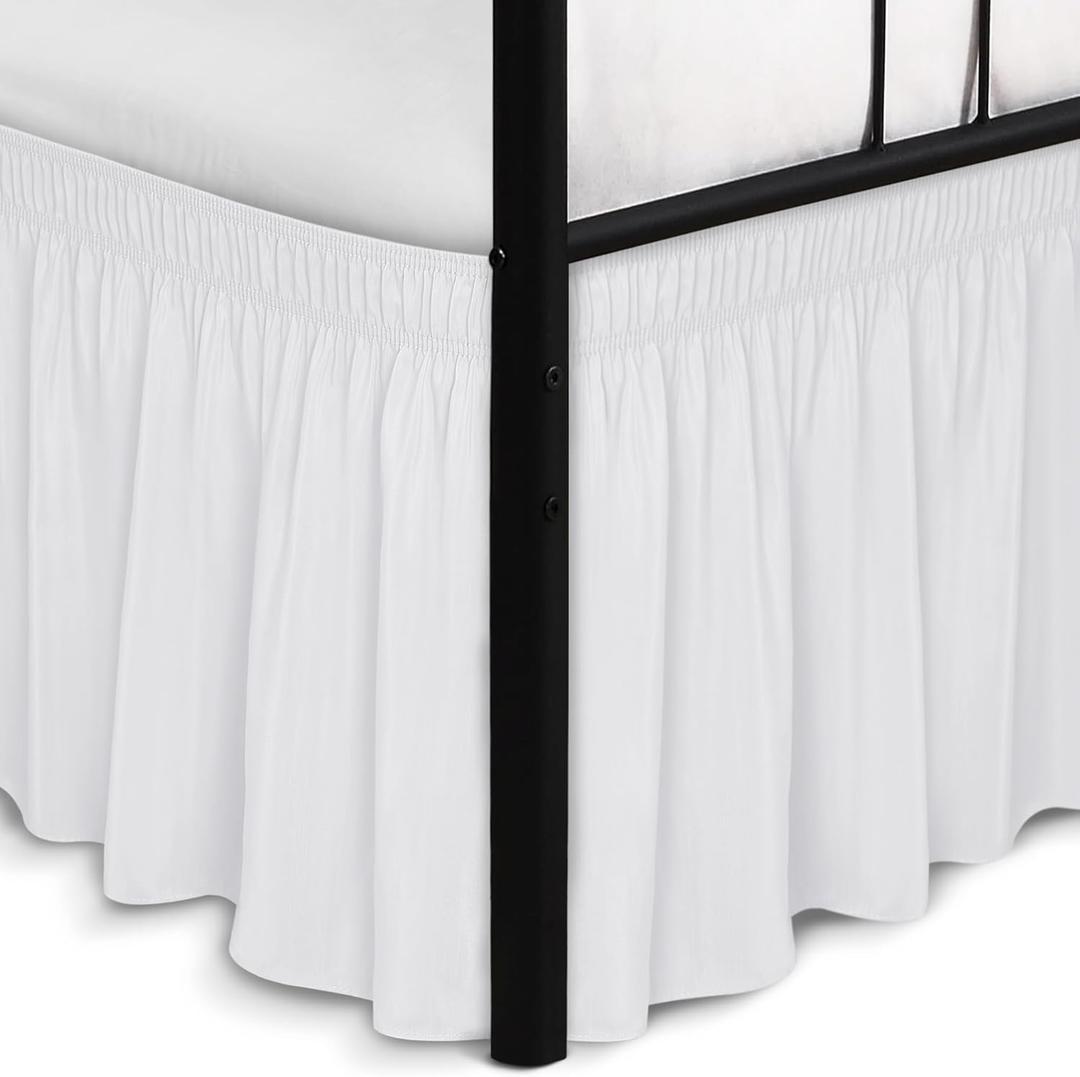 Biscaynebay Wrap Around Bed Skirts with Split Corners for King Beds 15" Drop, White Adjustable Elastic Dust Ruffles Easy Fit Wrinkle Resistant Silky Luxurious Fabric Machine Washable