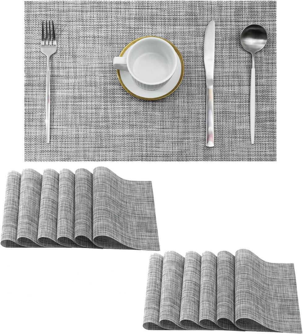 Leetaltree Linen Grey Placemats Set of 12 - Heat Resistant Non-Slip Place mats for Dining Table, Washable Durable PVC Vinyl Woven Table MatsLinen Grey, 12