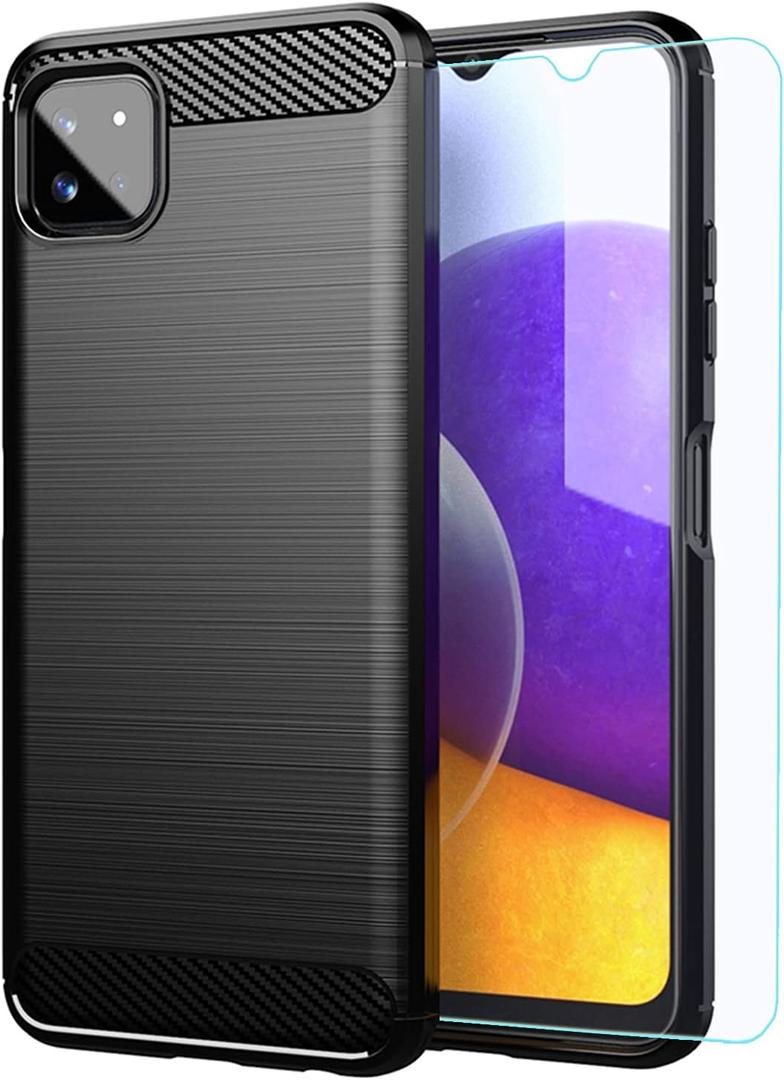 2 x Galaxy A22 5G Case, Soft TPU Slim Fashion Protective Phone Cover with HD Screen Protector (Black Brushed TPU)