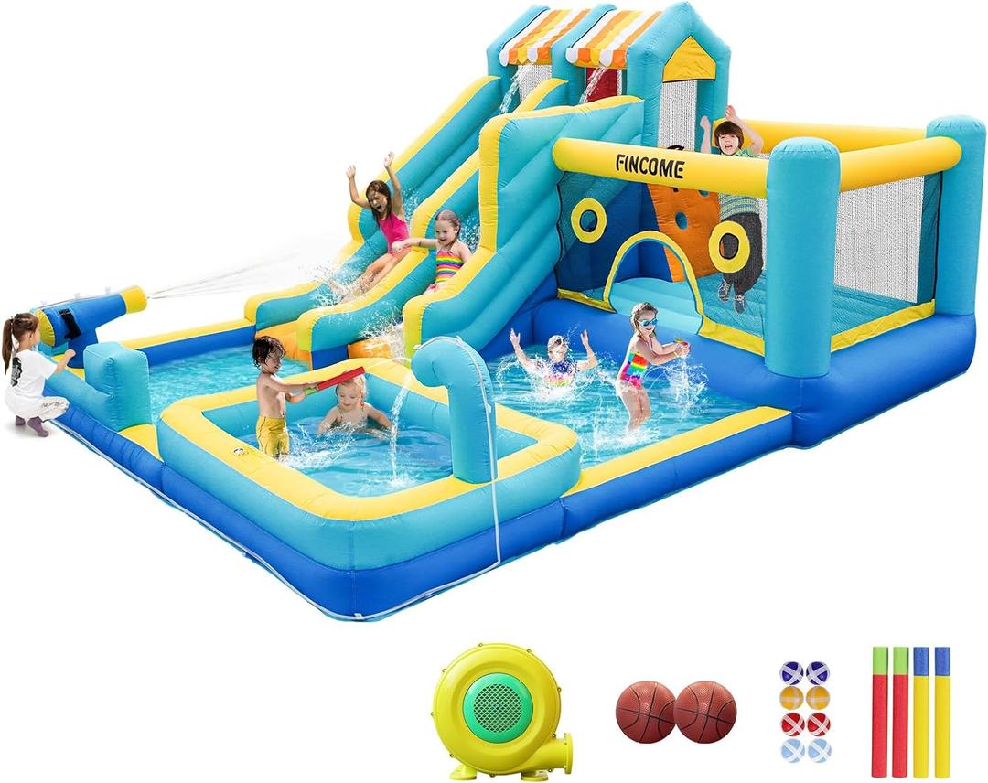 Inflatable Bounce House, 10 in 1 Double Water Slide Bounce House with 750W Blower, Climbing Wall, Jumping, Water, Splash Pool, Basketball Hoop for Kids Indoor Outdoor Backyard