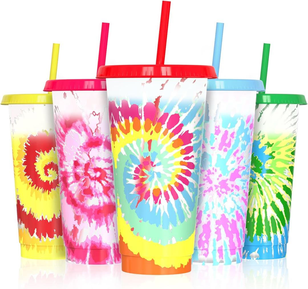24 oz Color Changing Cups with Lids and Straws, 5 Pack Reusable Plastic Tumblers for Iced Coffee, BPA-Free Tie Dye Cold Cups, Sturdy Drinking Cups with Cleaning Brush Set