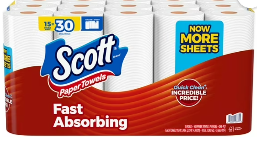Scott Fast Absorbing Choose-A-Sheet 1-Ply Paper Towels 15 rolls, 108 sheets/roll